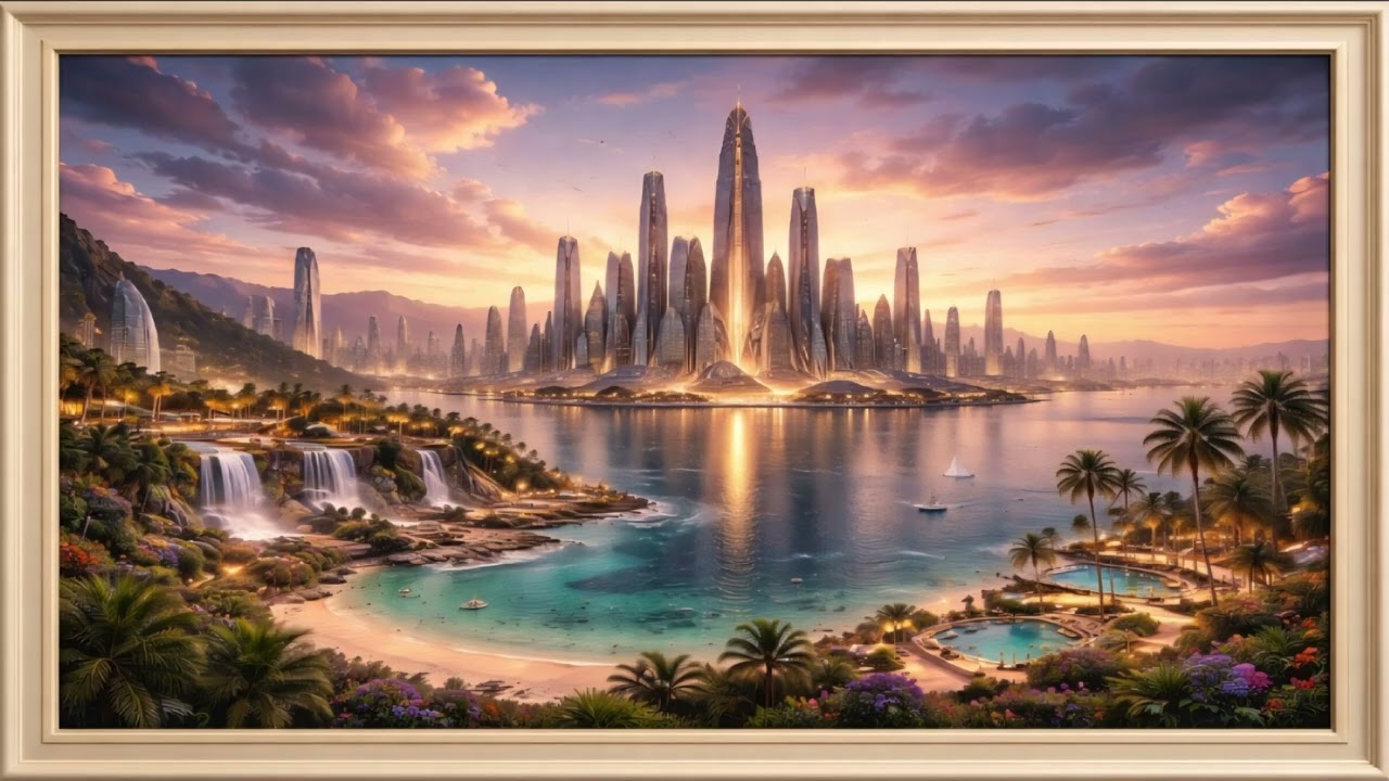 Fantasy Skyscraper Skyline 4K | Luxury Framed City Wall Art for Ambient TV Display (Ultra HD 16:9)