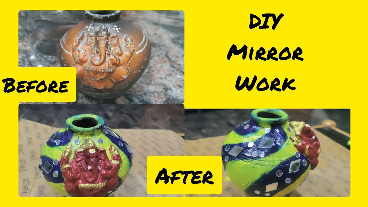 Diy pot painting with mirror work /Terracotta pot YouTube