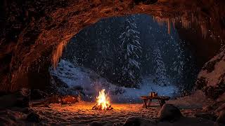Hidden Cave in Winter | Soothing Fire Sounds and Snowstorm Ambience for Deep Relaxation