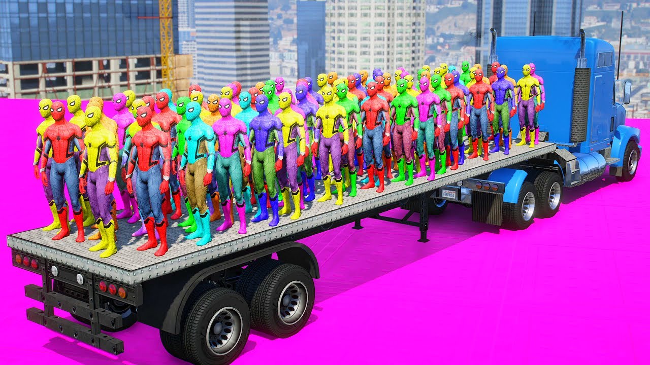Pickup 100 dancing Spider-man On Flatbed Trailer - GTA V Super Heroes Pro  Spider vs Avengers Rescue