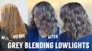Grey Blending with Lowlights and Tone | Natural Grey Hair Transformation
