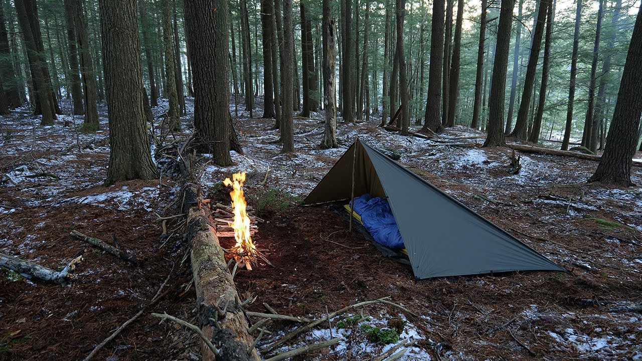 Solo Winter Tarp Camp First Snow, Spit Roasting Wild Venison