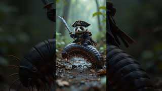 A miniature pirate panda riding and holding onto a slow-moving giant millipede