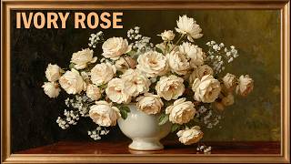 2 Hours | Ivory Rose Bouquet | Dutch Still Life Oil Painting with SoftMusic screenshot 4