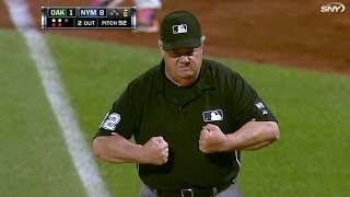 6/24/14: first-base umpire joe west is unharmed after getting hit by a
line drive, flexing his muscles and flashing smile check out
http://m.mlb.com/video ...