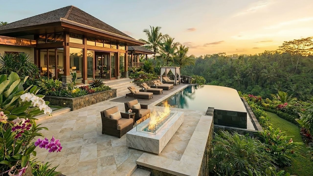 Luxury Jungle Villa Fireplace & Smooth Jazz 🌅| 4K Sunset Pool Ambience for Relaxation, Study & Sleep