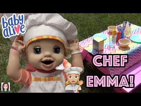 Baby Alive Emma Cooks Special Lunch! Chef Emma's Outdoor Restaurant!