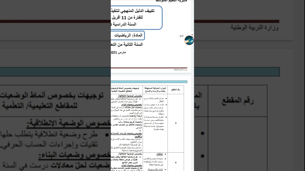 **تكييف برنامج الرياضيات لتلاميذ 2 متوسط**