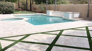 Travertine pavers installation around of pool before and after