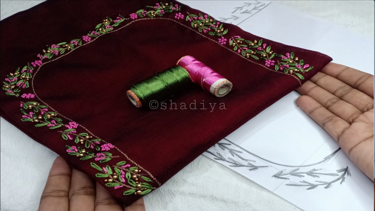 Flower leaf embroidery on blouse back neck|back neck embroidery