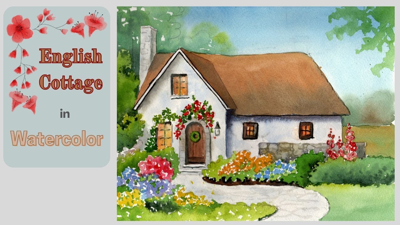 Как нарисовать английский коттедж с цветами акварелью, используя технику градиентной заливки
