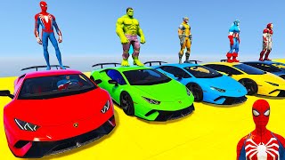 SPIDERMAN CARS Racing Challenge on LAKE Rampa ! SUPERHERO HULK Iron Man Goku JET SKI Race - GTA 5