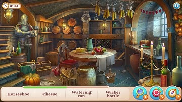 Manor Matters hidden objects #12: Horseshoe,Glass,Watering can,Wicker bottle,Berries,Horn,Owl&Cheese