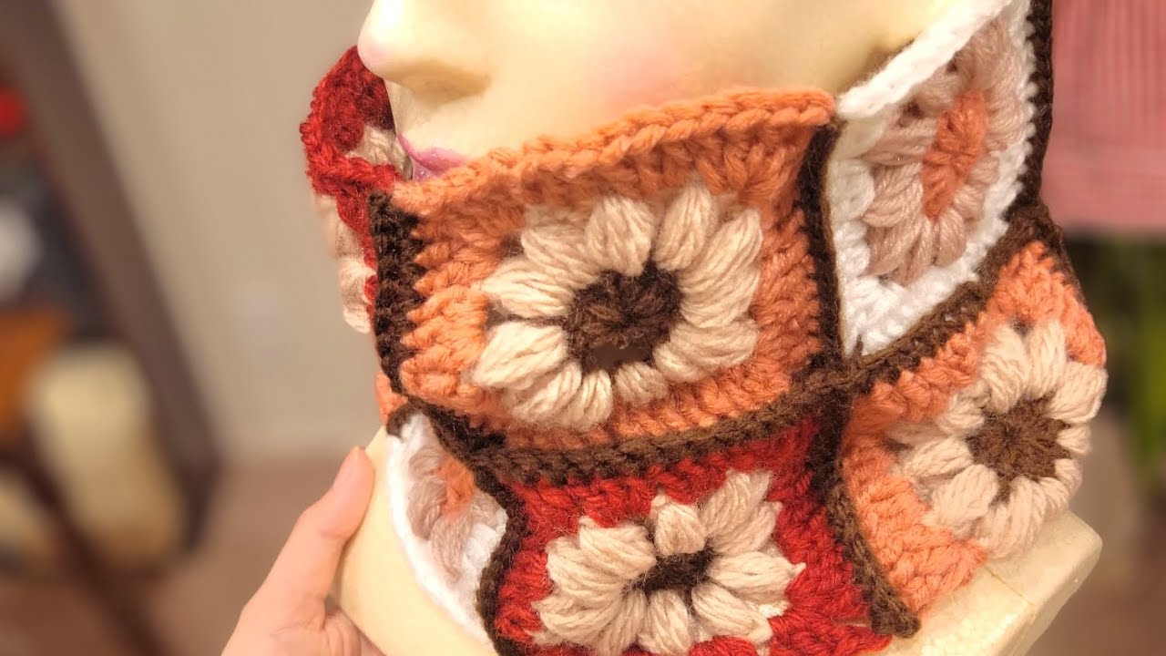完成編】かぎ針編みで「モチーフ編み」のネックウォーマーを作るよ
