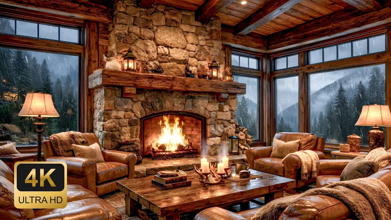 Rainy Day Ambience in a Forest Lodge – Cozy Fireplace & Soft Piano | Fall Asleep in 10 Minutes