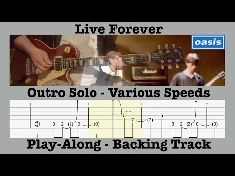 Live Forever - Oasis - Outro Solo Guitar Lesson - Various BPM Speed - Play Along Backing Track - Tab