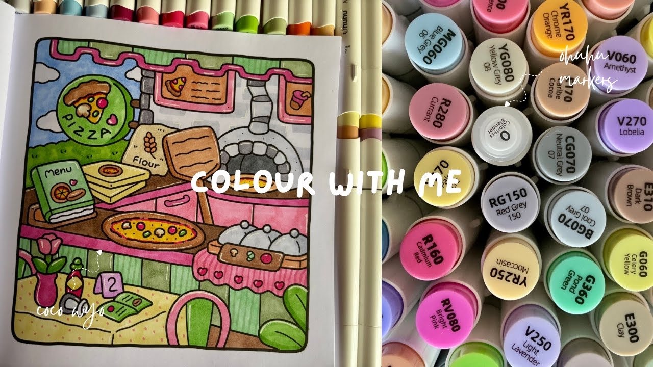 Colour with me | Cozy Pizza Place 🍕| Coco Wyo & Ohuhu markers | Soft ASMR to Study, Relax & Unwind