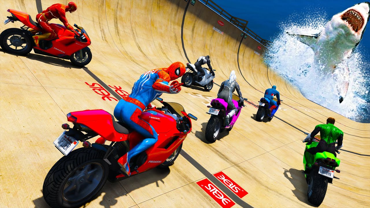 صورة فيديو : Spiderman and Friends Superheroes – Cars and Motorcycles Ragdoll with Hungry Sharks Over Sea