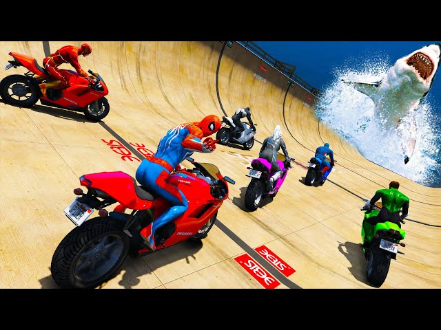 Spiderman and Friends Superheroes - Cars and Motorcycles Ragdoll with Hungry Sharks Over Sea class=