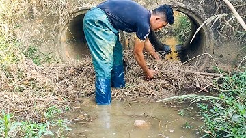Unclogging Trash Clogged Culvert Drain Water To Farm