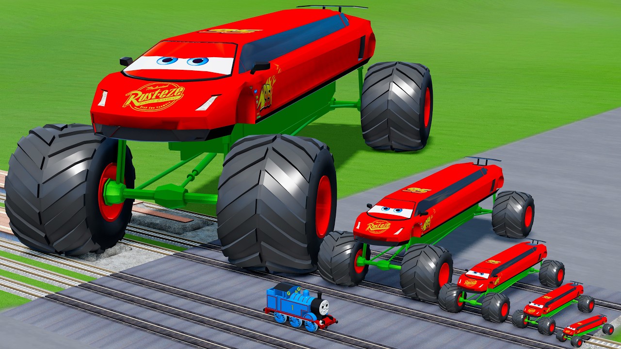 Big & Small Long Lamborghini McQueen with Monster Wheels VS Train | BeamNG.drive