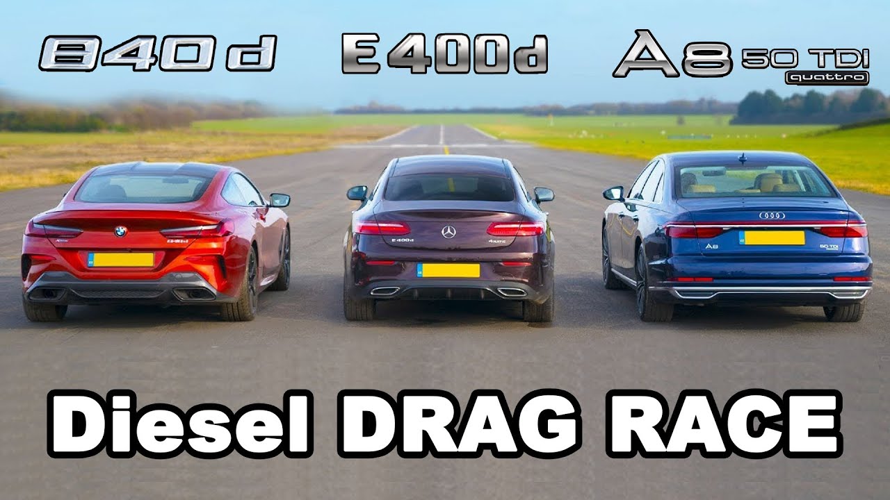 BMW 840d v Mercedes E400d vs Audi A8 50 TDI - Diesel DRAG RACE, ROLLING RACE & BRAKE TEST