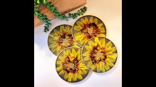 (822) 🌻 Yellow 3D Resin Floral Coasters 🌻 Glittery Background 040622