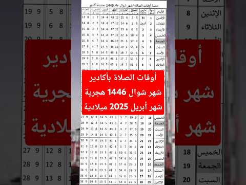 أوقات الصلاة أكادير شهر شوال 1446 شهر أبريل 2025     