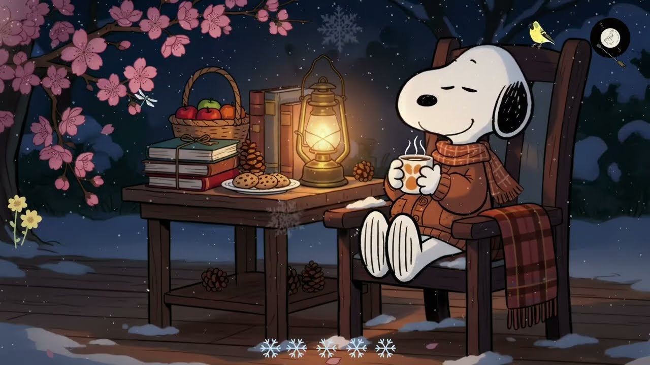 🌸 Snoopy Cozy Winter Night Under Cherry Blossoms | Warm Lantern Glow & Relaxing Ambience