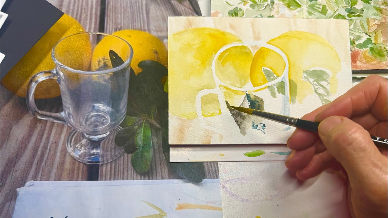 Glass, wood, leaves & grapefruit WIP real time watercolor painting