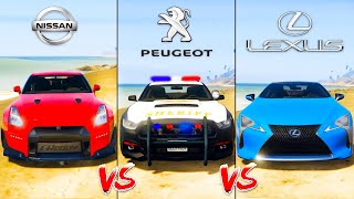 Nissan GTR vs Police Peugeot GT vs Lexus LC 500 - GTA 5 Mods Which is super car best