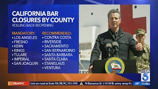 Gov. gavin newsom on sunday ordered bars that have opened in seven
california counties, including los angeles, to immediately close and
urged eight o...