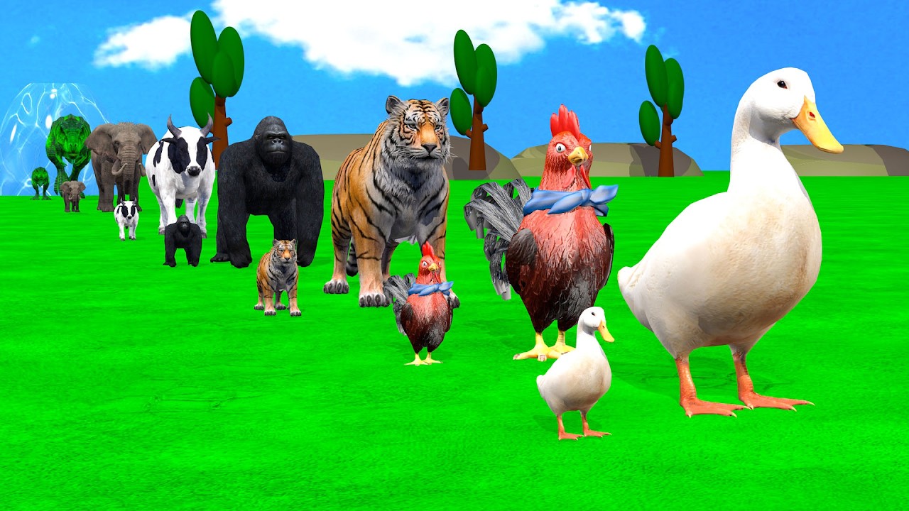 Long Slide Game With Cow Elephant Gorilla Hippopotamus Tiger - 3d Animal Game - Funny 3d Animals