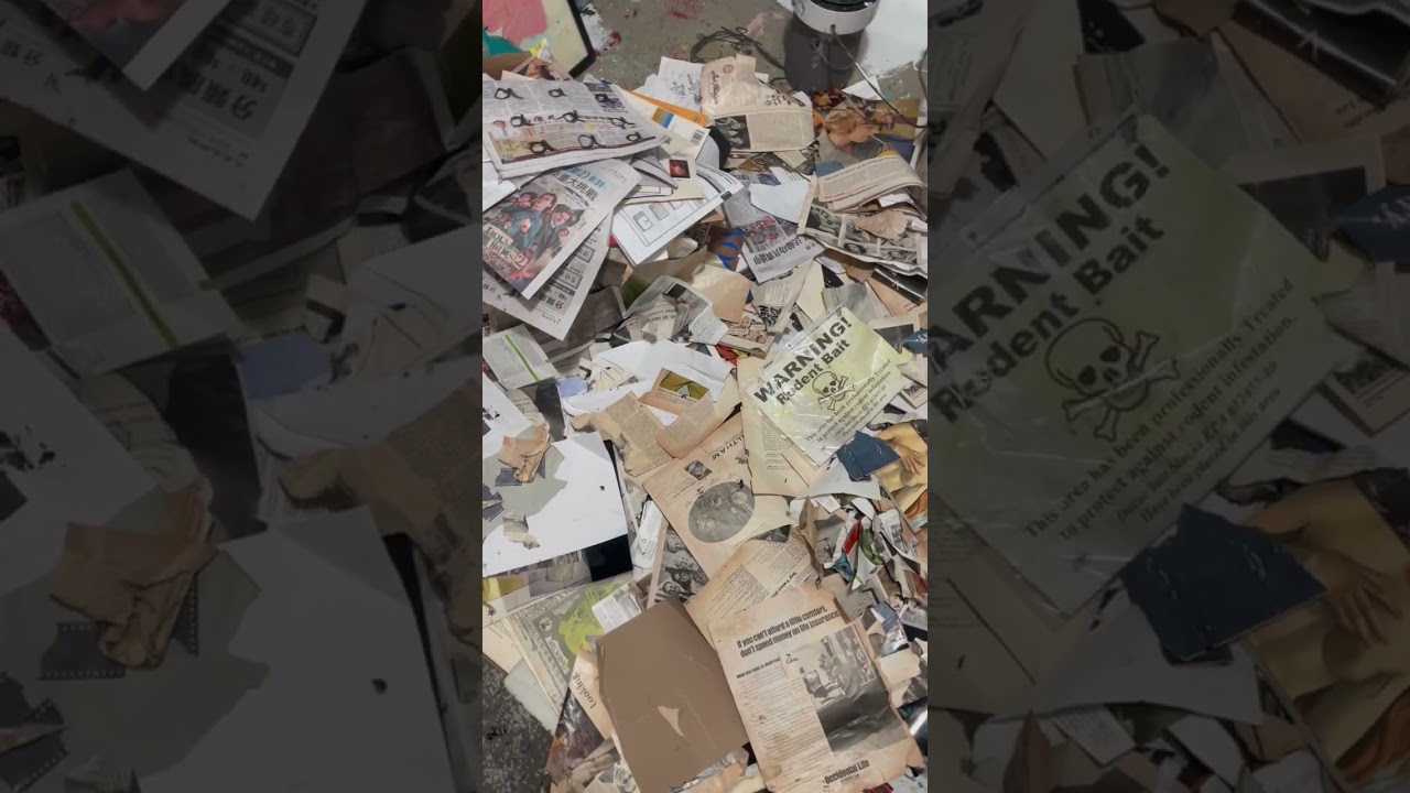 Scraps everywhere in the dungeon. Matthew Moloney working on a new collage art piece.