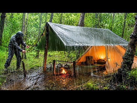 24 Hours Camping in Heavy Rain | Cozy Tarp Camp