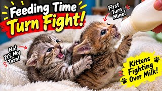 Who Gets the First Turn? Kittens Battle Over Milk! 🐱🍼