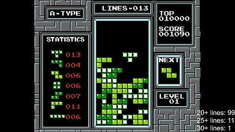 NES Tetris no rotation lvl0 start 100th 20+ lines cleared