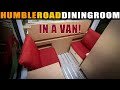 Dining in a Sprinter van. Hidden bed. See the cardboard test floor plan!