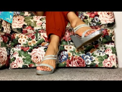 Dangling wedge heels from my feet ASMR toe stretch