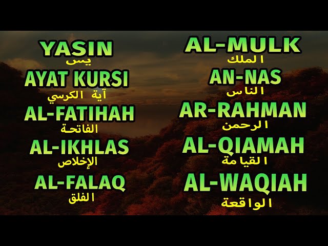 Surah Yasin, Ayat Kursi, Al Fatihah, An Nas, Al Mulk, Ar Rahman, Al Waqiah, Al Falaq, Al Ikhlas class=