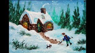 Snowy Art - Snowed in again - Easy Beginners Acrylic Painting Tutorial Winter Scene