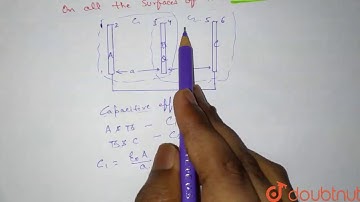 Three identical metallic plates are kept parallel to one another at a separation