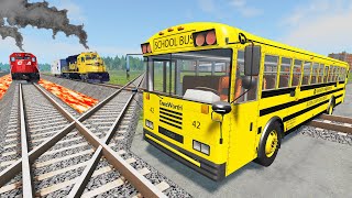 Flatbed Trailer Cars Truck vs Train - Bus vs Speed Bumps - BeamNG.Drive