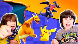 Dani y Evan en Pokemon Unite con Garchomp, Pikachu y Charizard