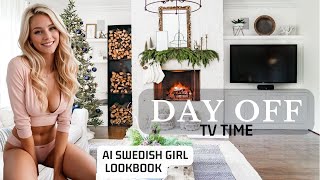 Swedish Girl: Pink Loungewear. Day Off TV & Popcorn. Watching Christmas Movies. AI Vlog Art Lookbook