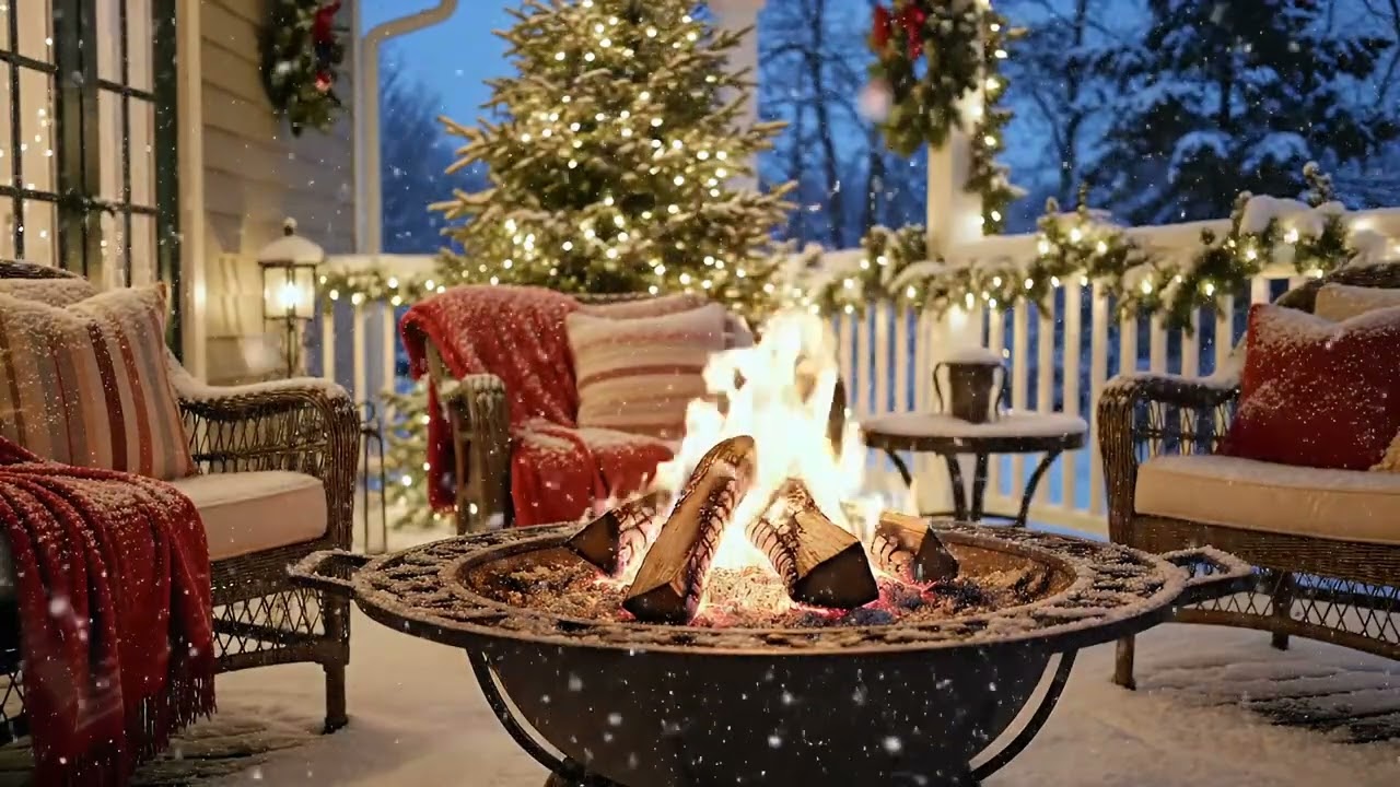 Christmas Porch by the Fire ❄️ Cozy Holiday Ambience with Gentle Snow