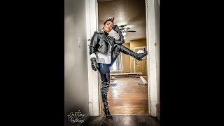 BLACK LEATHER 2 5 STILETTO HIGH HEELS THIGH BOOTS LEATHER PANTS GLOVES  MILITARY STYLE JACKET FALL WI 