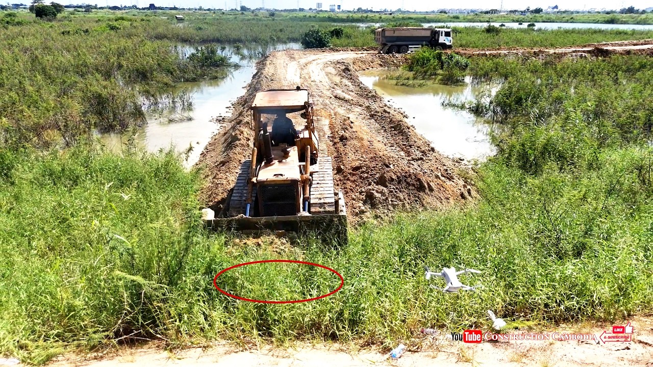 OMG! Skills Old Komatsu Dozer Pushing Dirt Connection Road Construction With Dump Truck Dumping Dirt