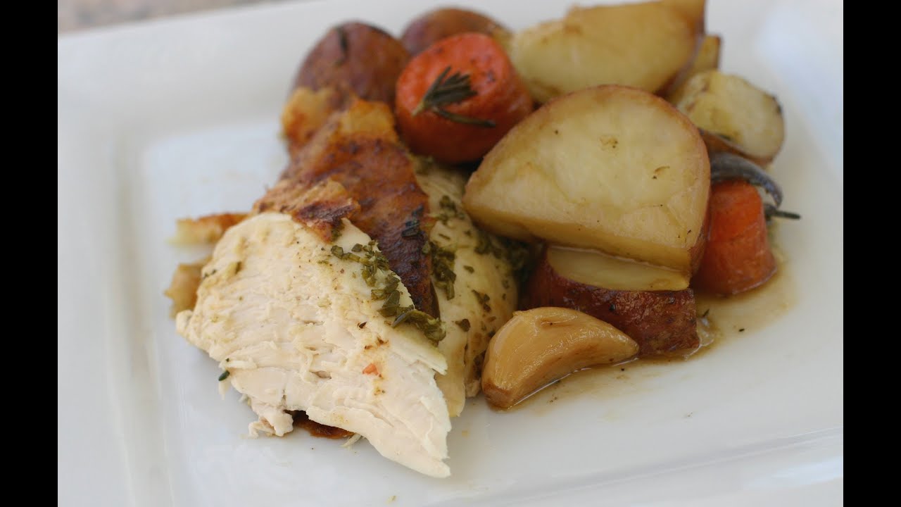 Juicy Roast Chicken Recipe With Potatoes, Wine, Onion, Rosemary by