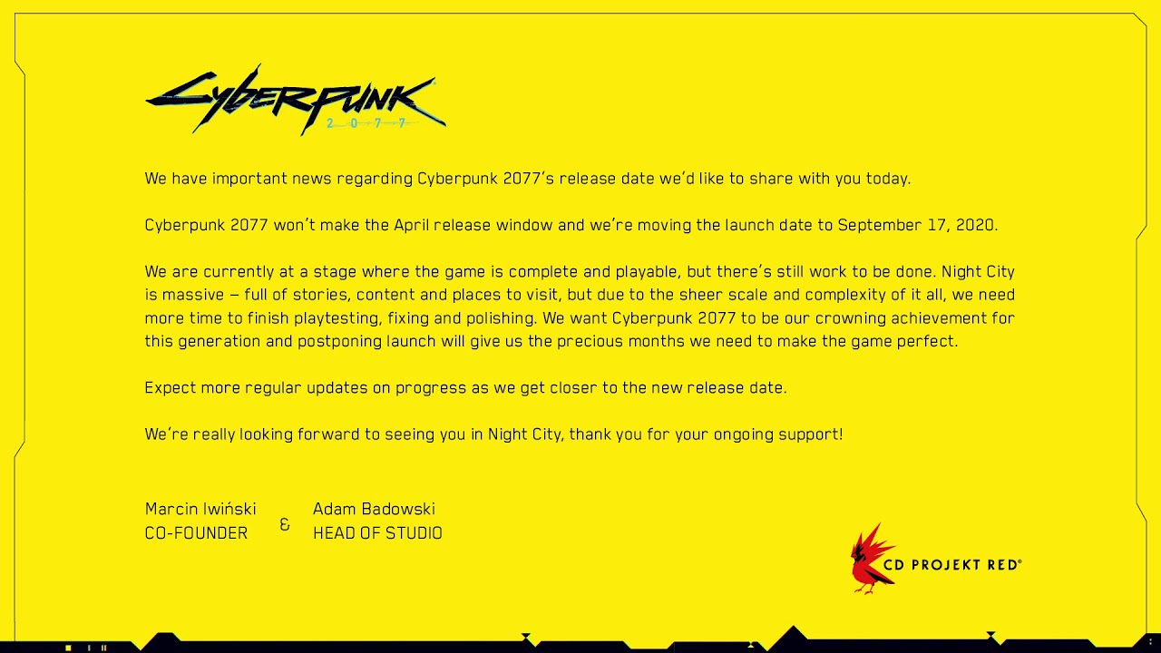 Cyberpunk 2077 game delayed to September